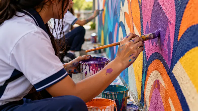 Estudiante pinta un mural de colores en una pared del colegio