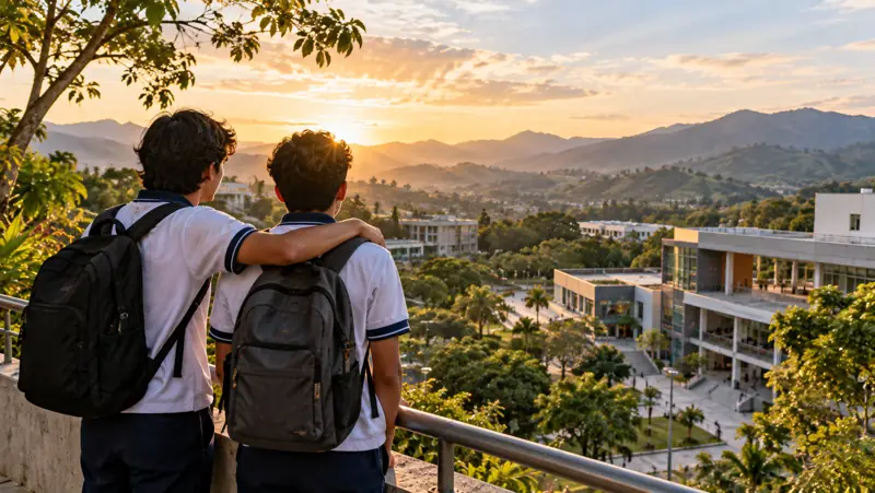 Atardecer sobre el campus del colegio rodeado de montañas