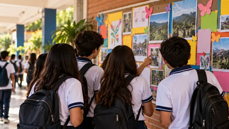 Estudiantes revisan la cartelera informativa del colegio