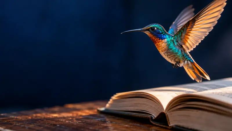 Colibrí que levanta vuelo desde un libro abierto
