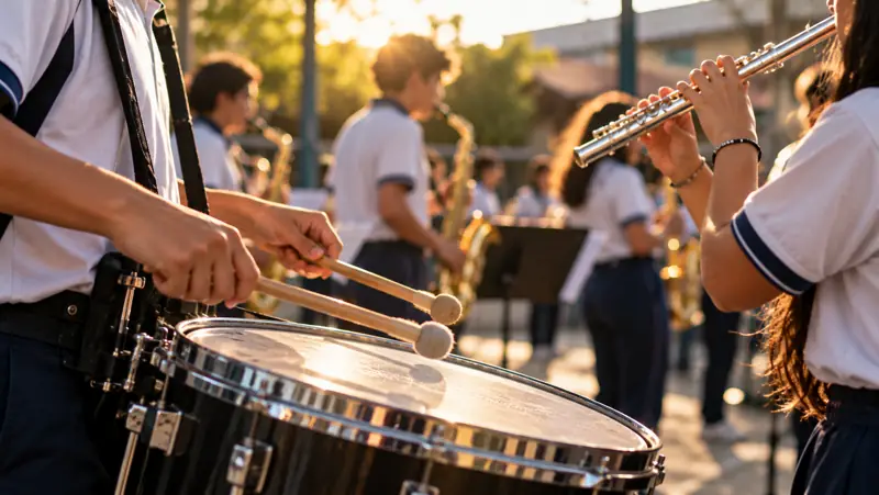 Integrantes de la banda escolar tocan tambores y flauta