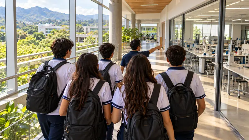Estudiantes recorren un pasillo del colegio con vista a las montañas