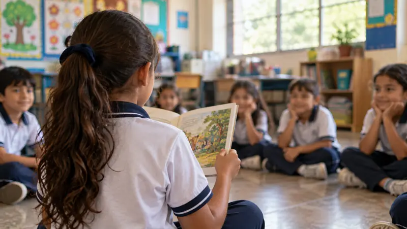 Estudiante de primaria lee un cuento a sus compañeros