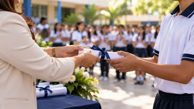 Una docente entrega un reconocimiento a un estudiante destacado