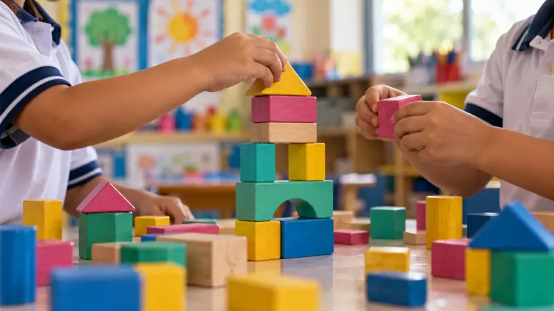 Niños de transición construyen figuras con bloques de colores